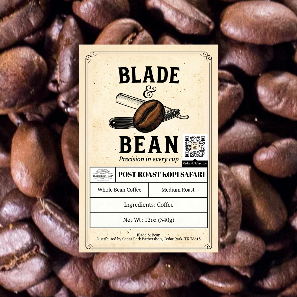 Coffee bean label with 'Blade & Bean' branding on a background of coffee beans.