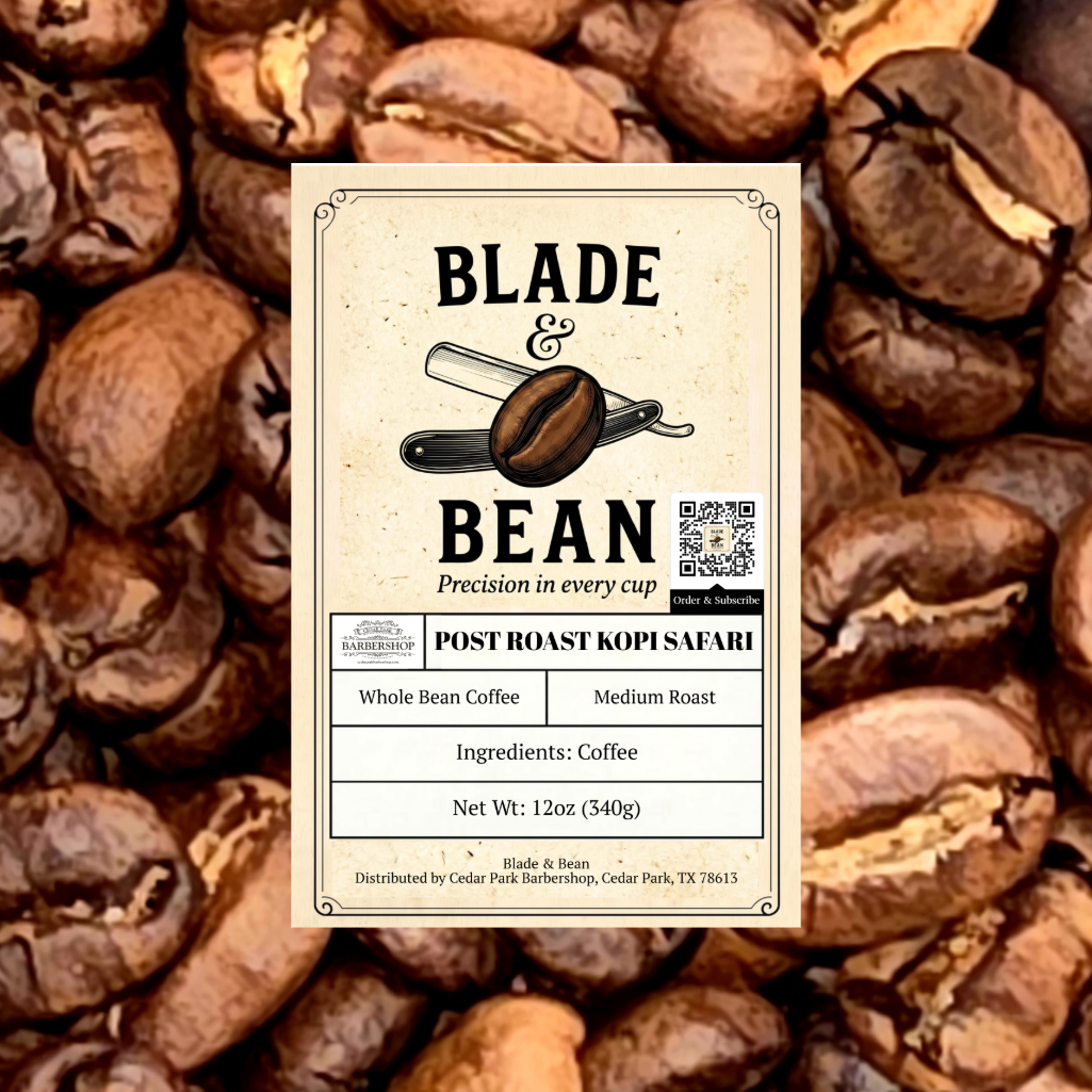 A coffee label for 'Blade & Bean' 'Post Roast Kopi Safari' medium roast coffee, displayed against a background of roasted coffee beans.