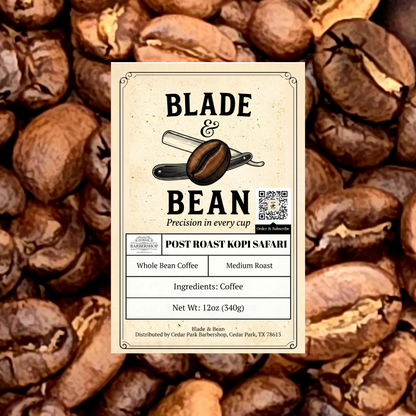 A coffee label for 'Blade & Bean' 'Post Roast Kopi Safari' medium roast coffee, displayed against a background of roasted coffee beans.