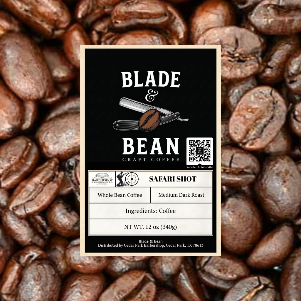 Coffee bean label for 'Blade & Bean' on a background of coffee beans