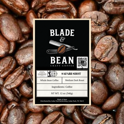 Coffee bean label for 'Blade & Bean' on a background of coffee beans