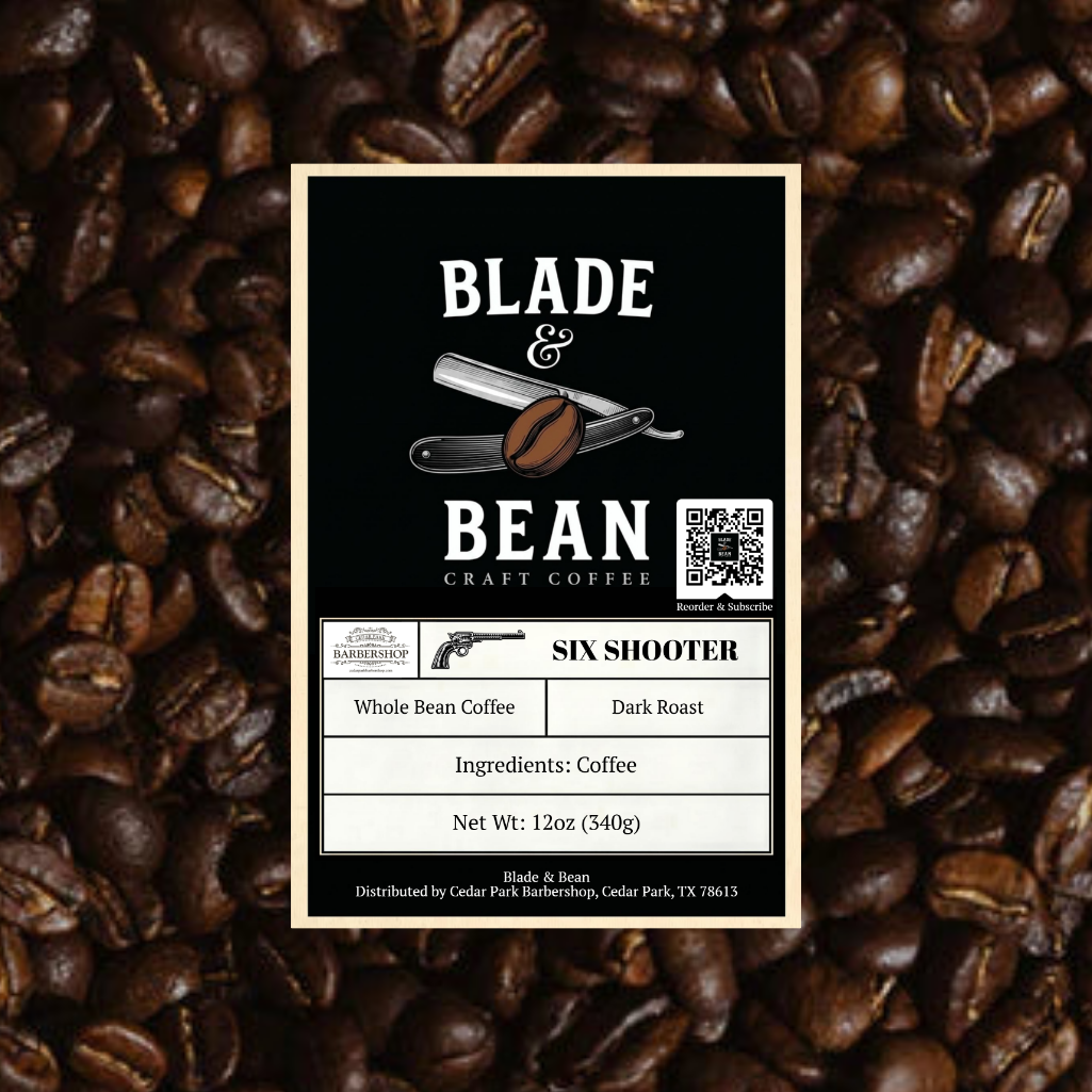 Coffee label for Blade & Bean Craft Coffee on a bed of coffee beans