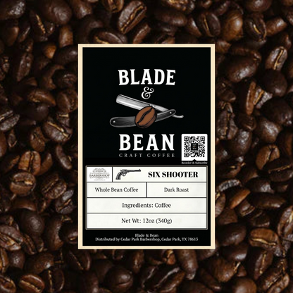 Coffee label for Blade & Bean Craft Coffee on a bed of coffee beans