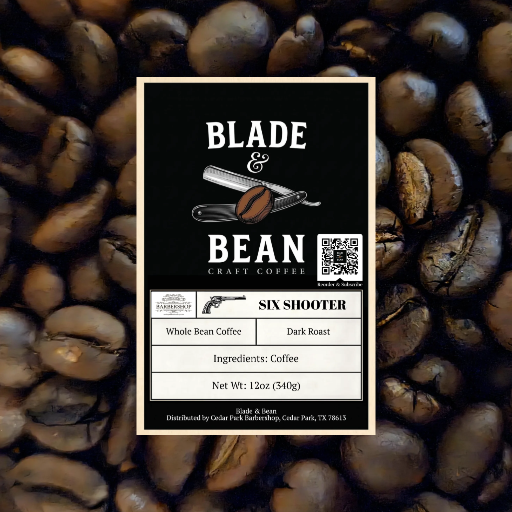 A coffee label for Blade & Bean Craft Coffee's 'Six Shooter' dark roast whole bean coffee, shown centered over a background of roasted coffee beans.