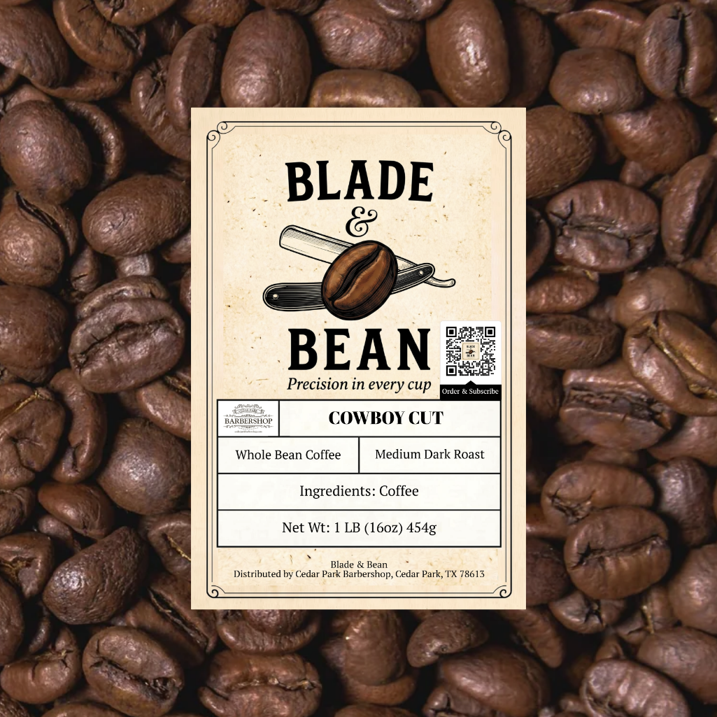 Label for Blade & Bean coffee on a background of coffee beans