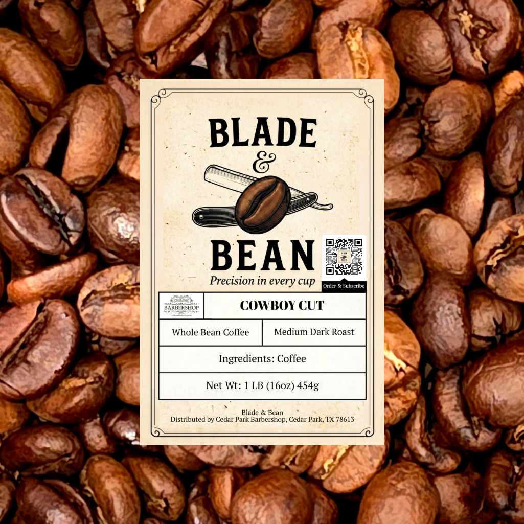 A coffee label for Blade & Bean 'Cowboy Cut' whole bean coffee, shown centered over a background filled with roasted coffee beans. The label is cream-colored with black text and an illustration of a coffee bean and scissors.