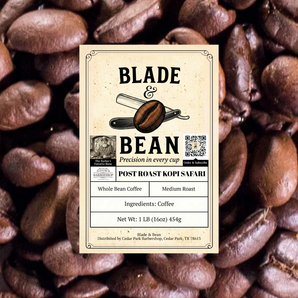 Coffee label for 'Blade & Bean' coffee beans on a background of coffee beans
