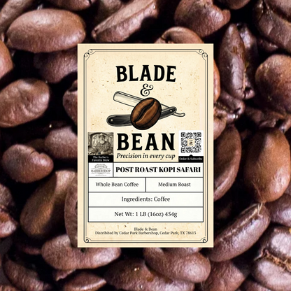 Coffee label for 'Blade & Bean' coffee beans on a background of coffee beans