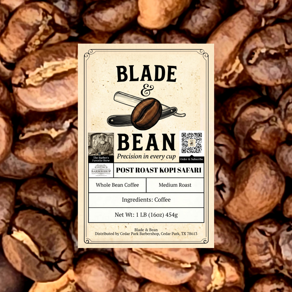 A rectangular coffee label reading BLADE & BEAN with coffee bean illustrations, placed over a background of whole coffee beans. Visible text includes Post Roast Kopi Safari, whole bean coffee, medium roast, and net weight 1 LB (16oz) 454g.