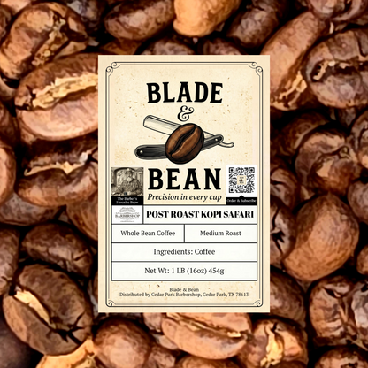 A rectangular coffee label reading BLADE & BEAN with coffee bean illustrations, placed over a background of whole coffee beans. Visible text includes Post Roast Kopi Safari, whole bean coffee, medium roast, and net weight 1 LB (16oz) 454g.