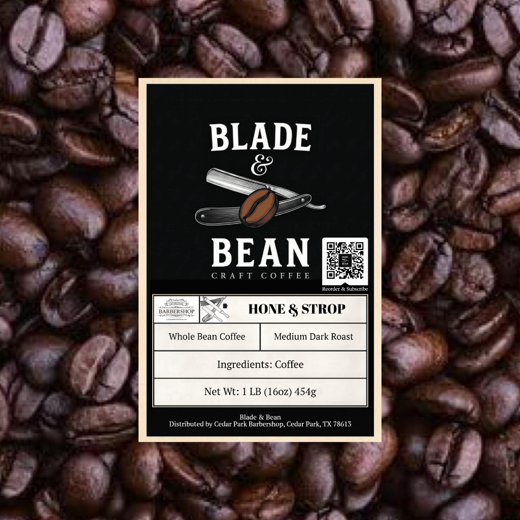 Coffee label for 'Blade & Bean' on a background of coffee beans