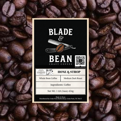 Coffee label for 'Blade & Bean' on a background of coffee beans