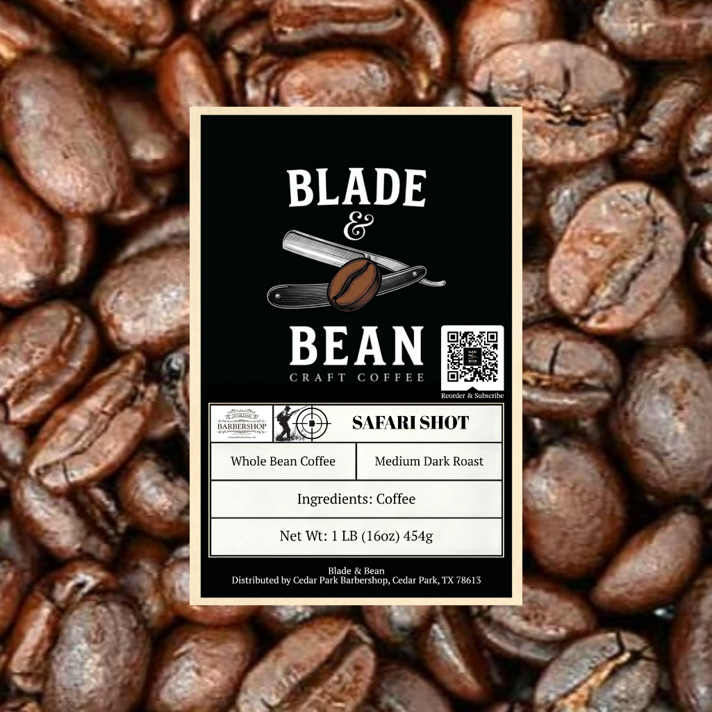 Coffee label for 'Blade & Bean' craft coffee with a background of coffee beans.