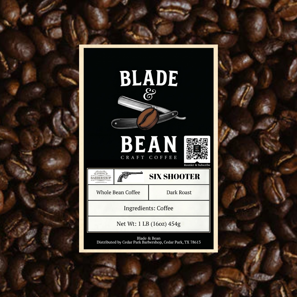 Coffee label for 'Blade & Bean' on a background of coffee beans