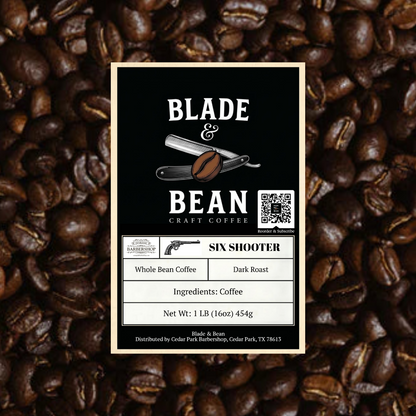 Coffee label for 'Blade & Bean' on a background of coffee beans