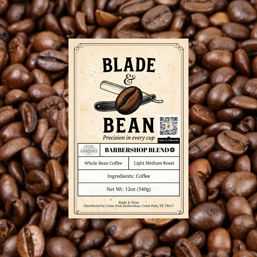 Coffee label for 'Blade & Bean' Barbershop Blend surrounded by coffee beans