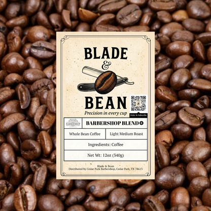Coffee label for 'Blade & Bean' Barbershop Blend surrounded by coffee beans