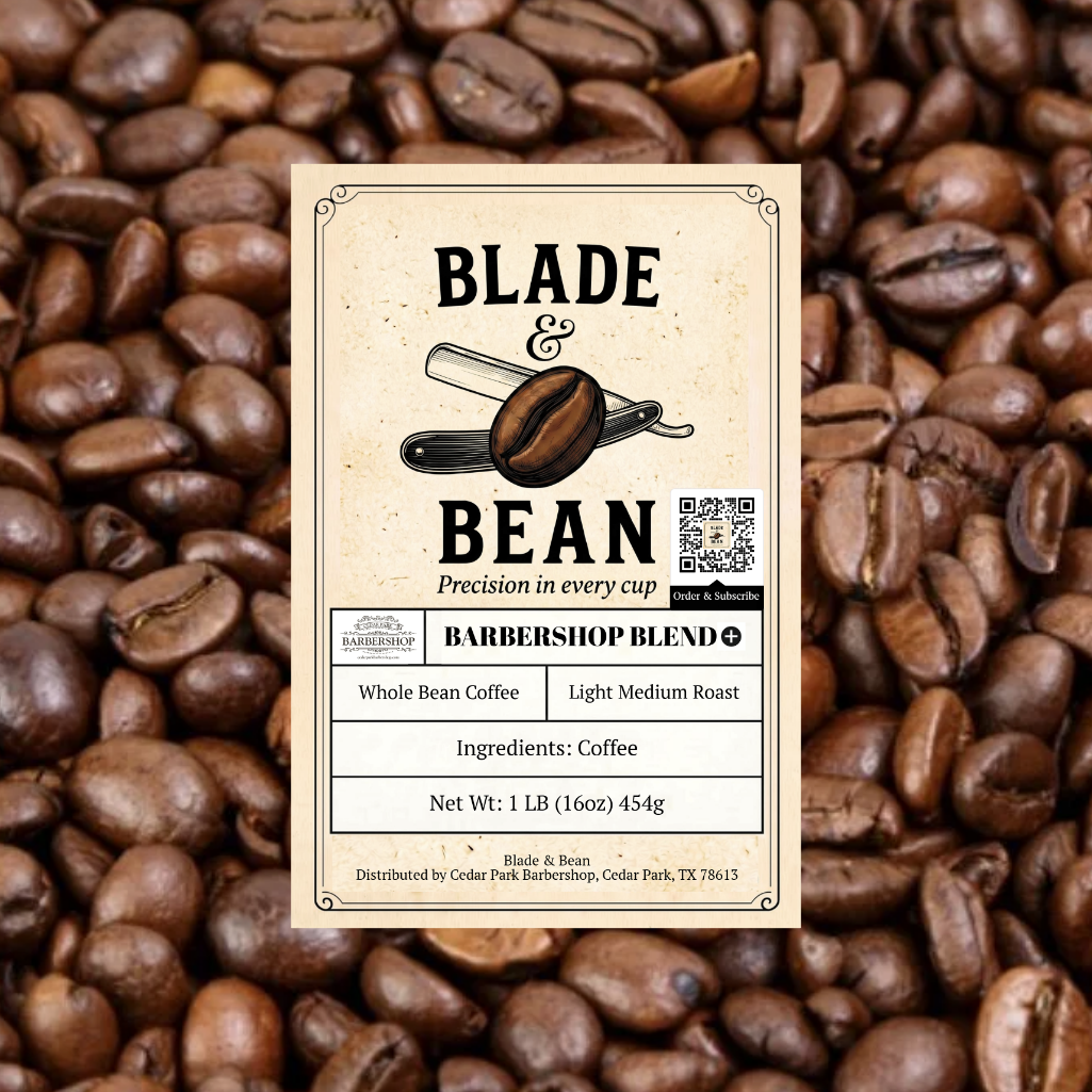 Coffee label for 'Blade & Bean' Barbershop Blend on a background of coffee beans
