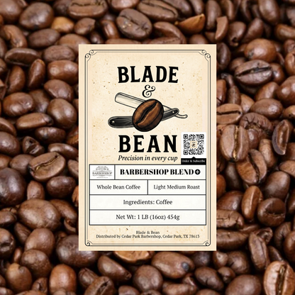 Coffee label for 'Blade & Bean' Barbershop Blend on a background of coffee beans
