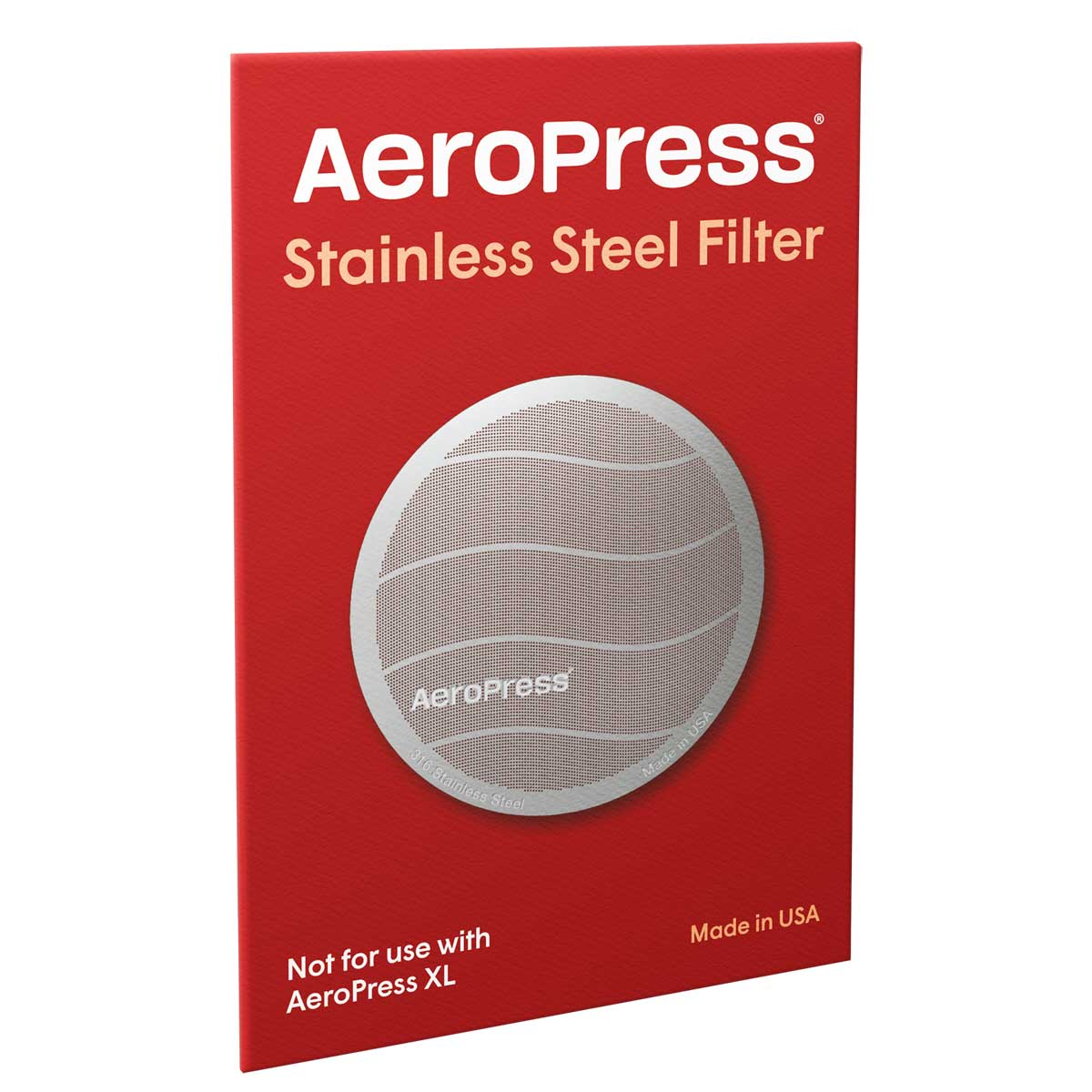 AeroPress stainless steel filter packaging on a white background