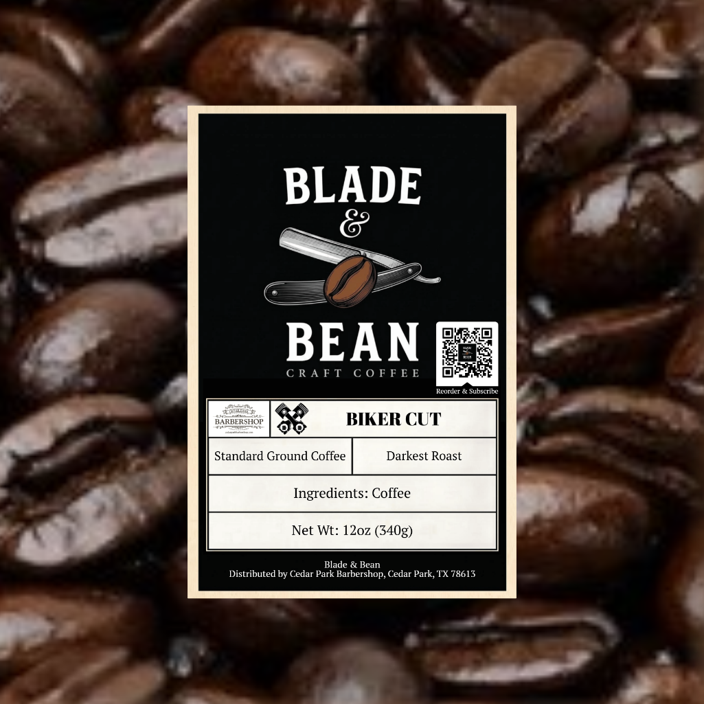 Coffee label for 'Blade & Bean' with coffee beans in the background