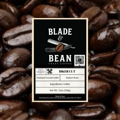 Coffee label for 'Blade & Bean' with coffee beans in the background