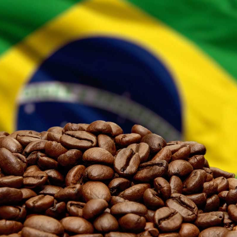 Coffee beans with a medium roast with a Brazilian flag in the background