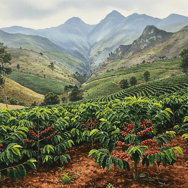Coffee plants with red berries in a mountainous landscape in Peru