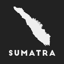 A minimalist graphic featuring a white silhouette map of Sumatra on a dark charcoal background, with the word 'SUMATRA' in white uppercase letters below.