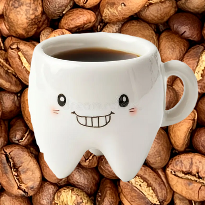A white ceramic coffee mug shaped like a smiling tooth, filled with black coffee, set against a background of roasted coffee beans.